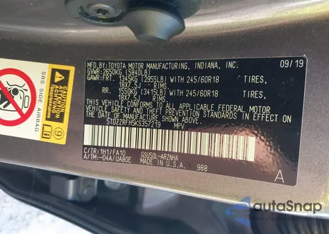 2019 Toyota Highlander Le Plus from USA, damaged, VIN 5TDZZRFH5KS357219